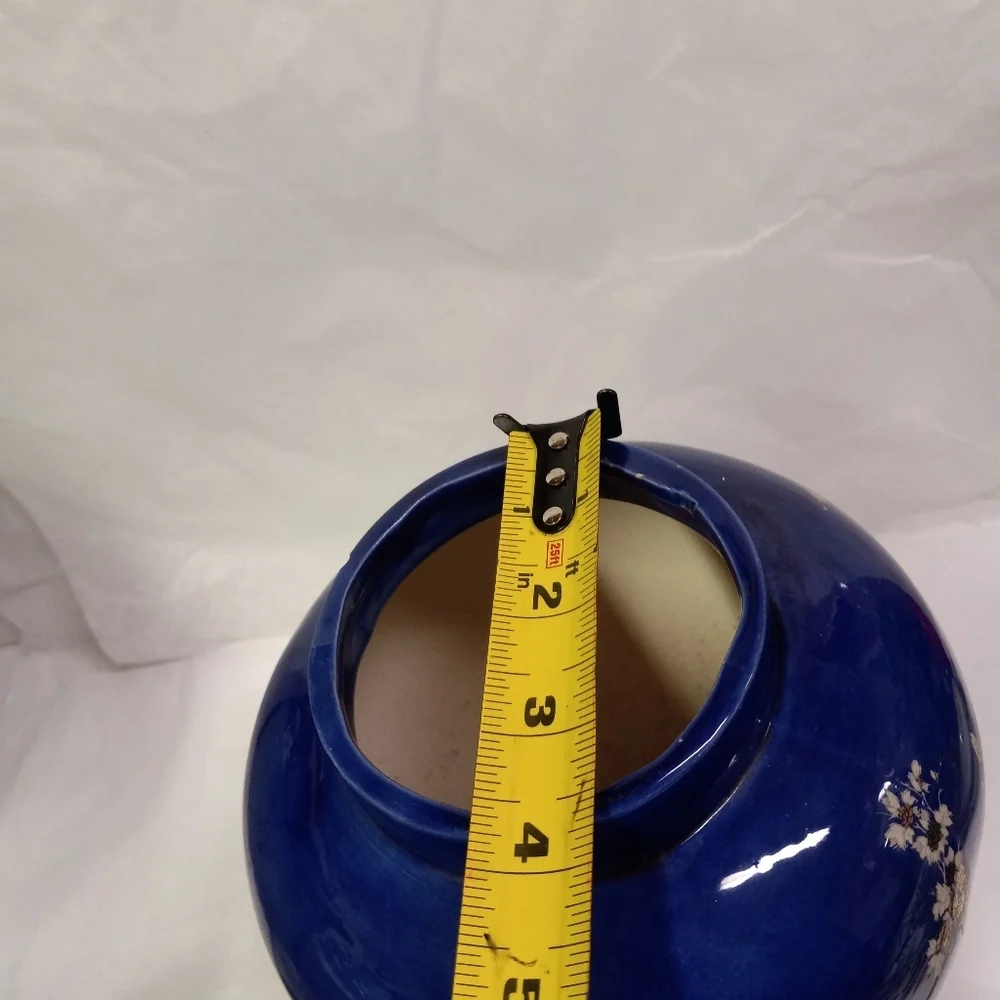 VINTAGE Satsuma Large Cobalt Blue Asian Vase  Peacock Floral